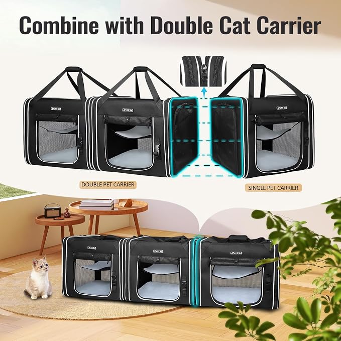 Petskd Combinable Pet Car Travel Carrier for a Large Cat/Medium Dog | 18"Lx17"Wx17"H, Small Pet Soft Carriers, Food Bag & Bowl Included, Lockable Safety Zippers, For Car Travel, Vet, Camping