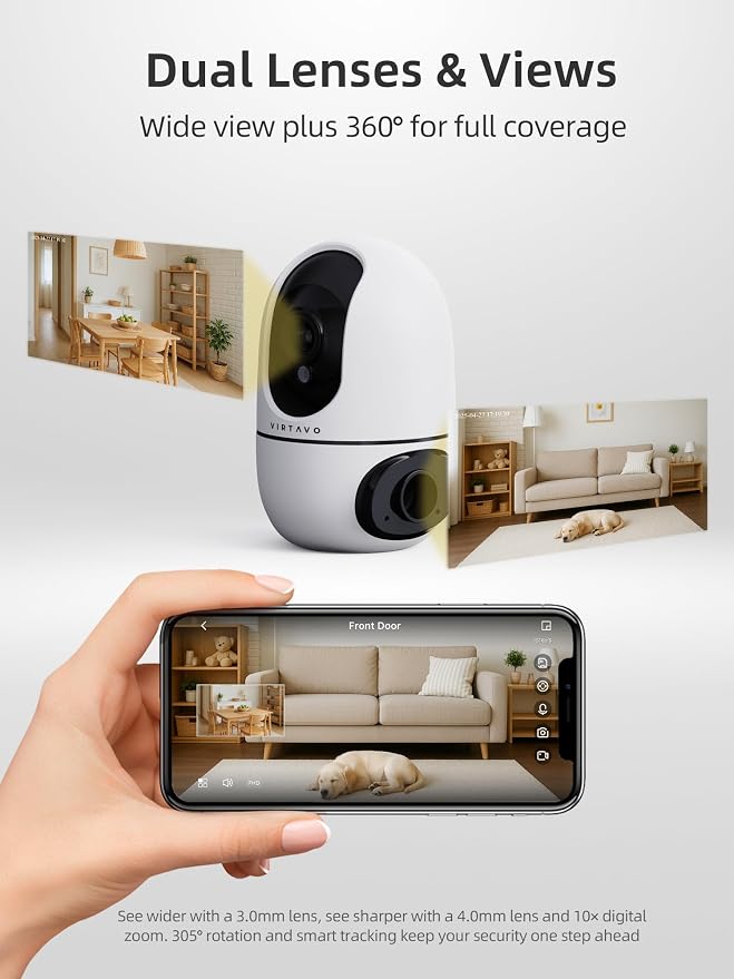 VIRTAVO Pet Camera Indoor No Subscription 4 Pack, for Dog Cat Baby | Dual Lens Dual View, 360° PTZ, Auto Motion Tracking, 2-Way Audio, Night Vision, Phone App, SD & Cloud, Wired