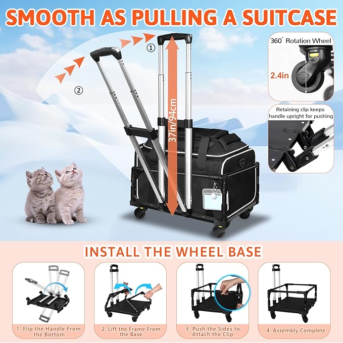 Petskd Top-Expandable Small Pet Carrier with Wheels Airline Approved | 18"x11"x11", for Delta/American/United Airlines, Lockable Safety Zippers and Anti-Scratch Mesh, Pets Under 10 Lbs, Black