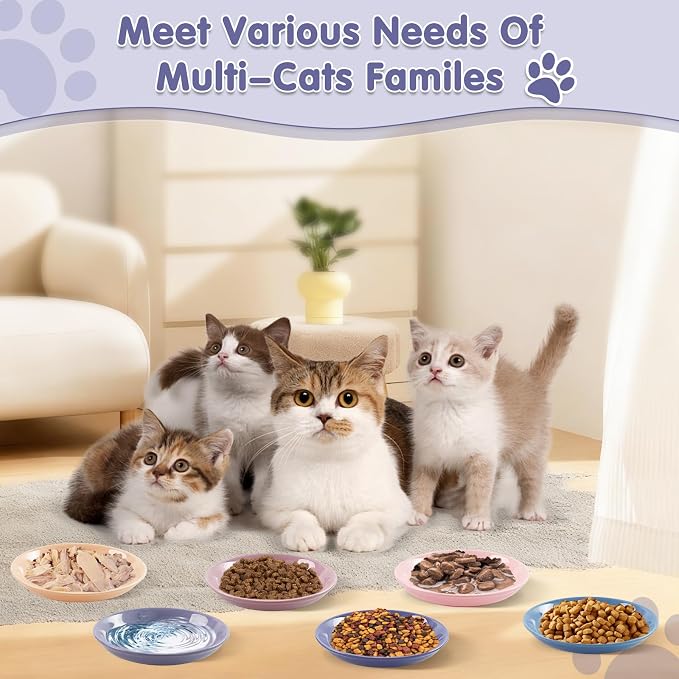 6 Pack Cat Food Bowl, Ceramic Cat Bowls, Anti Whisker Fatigue Cats Bowl Set | 5.5 Inches Shallow Wide Kitten Plates for Food and Water (CaiSe-A)