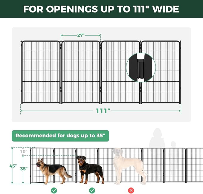 FXW Dog Gate, Extra Wide Adjustable for Openings Up to 111", 45" H | Flexible Space Control, Easy Walk-Through Access, 3 Panels + 1 Gate, For Large Dogs, Garage Use