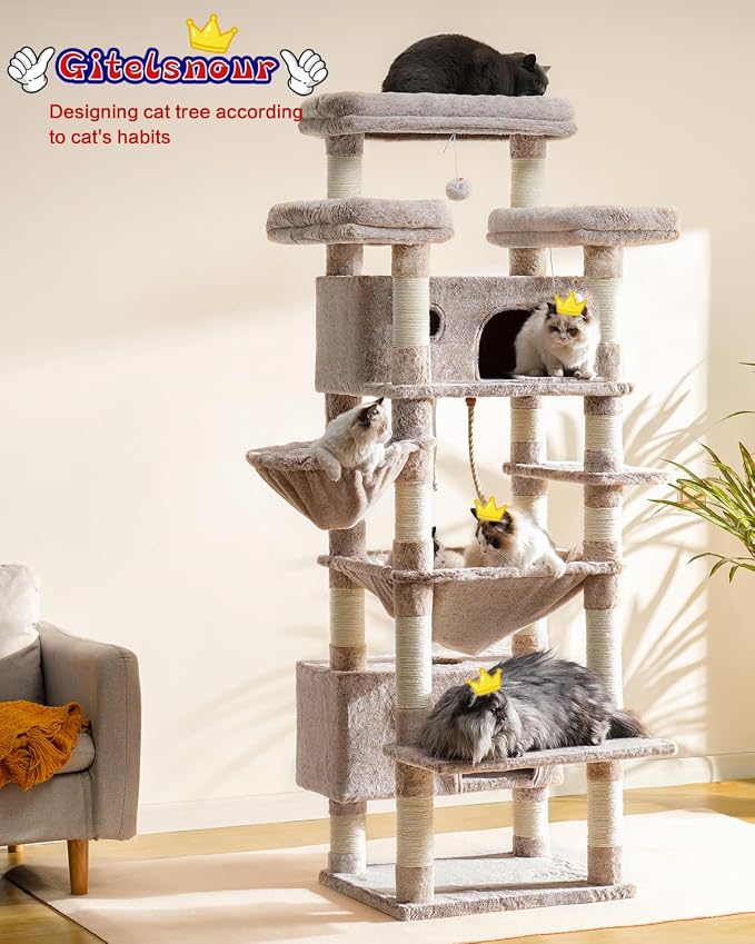Gitelsnour Cat Tree, 74" Tower for Large Cats, Big Condo Hammock CCT030MU | Heavy duty, 3 Big Platforms, 2 Baskets, 2 Condos, Multi-Level Cat Scratching Posts, Indoor Cats Large Adult, Mushroom