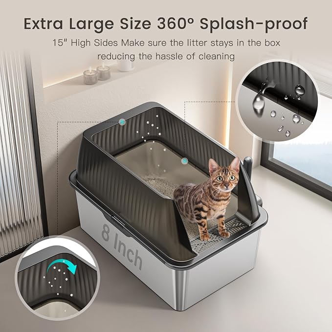 Tripamin 15” XL Stainless Steel Cat Litter Box Enclosure, XXL Stainless Steel High Sides with Lid, Extra Large Metal Cat Litter Box (Transluce+Black, 2-pcs XX-Large)
