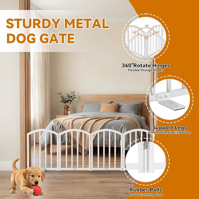 SNUOWU 16 Inch Full Metal Freestanding Short Dog Gate for Small Dogs, Foldable 4-Panel Pet Barrier, Expands Up to 48" Wide, Indoor Safety Fence for Doorway, Home & Stairs, White