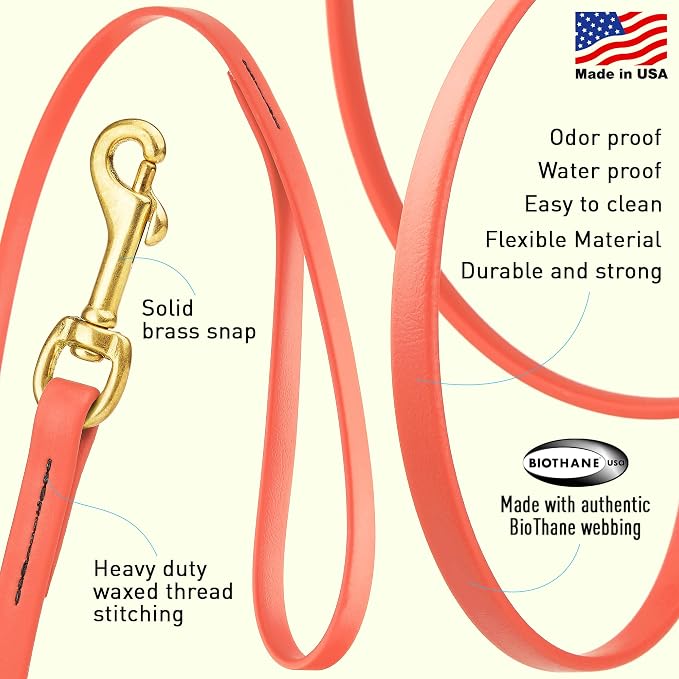 Viper Biothane K9 Working Dog Leash Waterproof Lead for Tracking Training Schutzhund Odor-Proof Long Line with Solid Brass Snap for Puppy Medium and Large Dogs, 10ft Coral