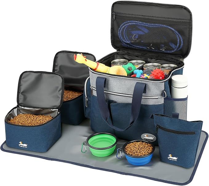 Dog Travel Bag for Pet Kit for Supplies with 2 Food Storage Containers 2 Collapsible Bowls 1 Feeding Mat 1 Dog Treat Pouch 7-Piece Set Perfect Road Trips Camping Weekend (Navy Blue)