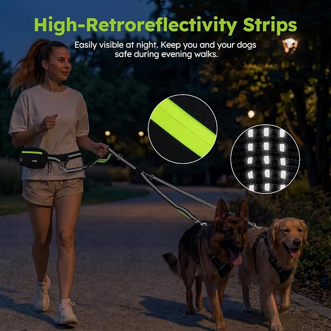 Pecute Hands Free Dog Leash for 2 Dogs, Waist Belt with Pouch, No Tangle | Shock absorbing bungee, dual padded handles, detachable waterproof fanny pack, heavy duty for large dogs, running & hiking