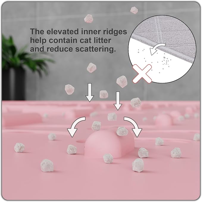 Large Cat Litter Mat, 31.5x23.6 Silicone Trapping Mat Pink | for Kitty Litter Box, Easy Clean, BPA Free Rubber, Center Litter Collection, Easy Pour-Back, Waterproof, Odor-Resistant