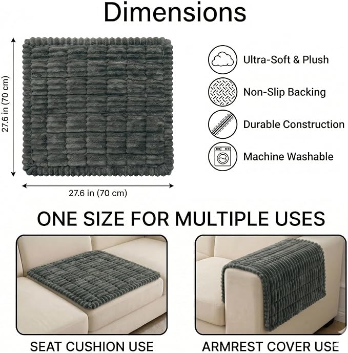 Non Slip Couch Armrest Covers for Dogs, Fuzzy Pet Sofa Arm Covers | Washable for Armrest & Backrest, Soft Thick Furniture Protector for Cats Dogs, Against Fur, Dirt, 27.6" x 27.6", Dark Grey
