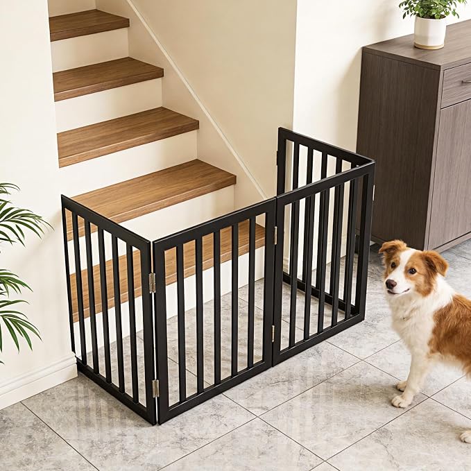 Dog Gate Indoor, Freestanding Dog Fence for The House, Doorways, Hallways,or Stairs,Pet Gate Foldable Wooden,Expandable 24" Height 6 Panels,Black