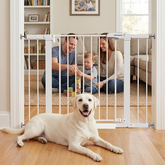 Mumeasy 29.7-43" Adjustable Baby Gate, Auto Close Dog Gate for Doorways | No drill installation, one hand operation, adjustable width, secure locking system, for dogs pets babies toddlers