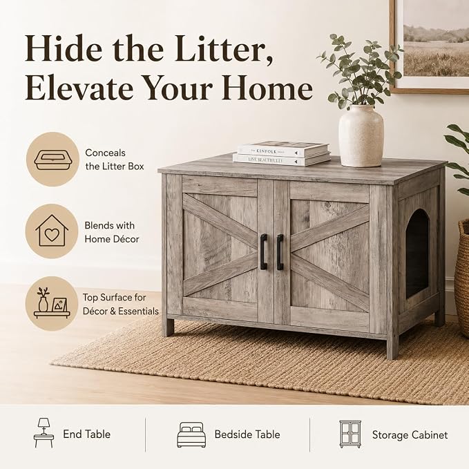 Homhedy 31.5" L Cat Litter Box Enclosure with Barn Door, Greige | Wooden Cat Washroom Furniture, Cat House, Pet Storage Cabinet, Dog-Proof, Fit Most of Litter Box, Farmhouse Style
