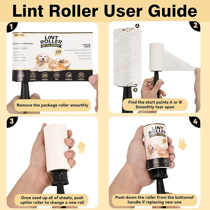 Lint Roller for Pet Hair Removal, Extra Sticky Pet Hair Rollers | Value pack includes 3 handles and 8 extra sticky rolls, 120 sheets per roll and 960 sheets total for pet hair removal.