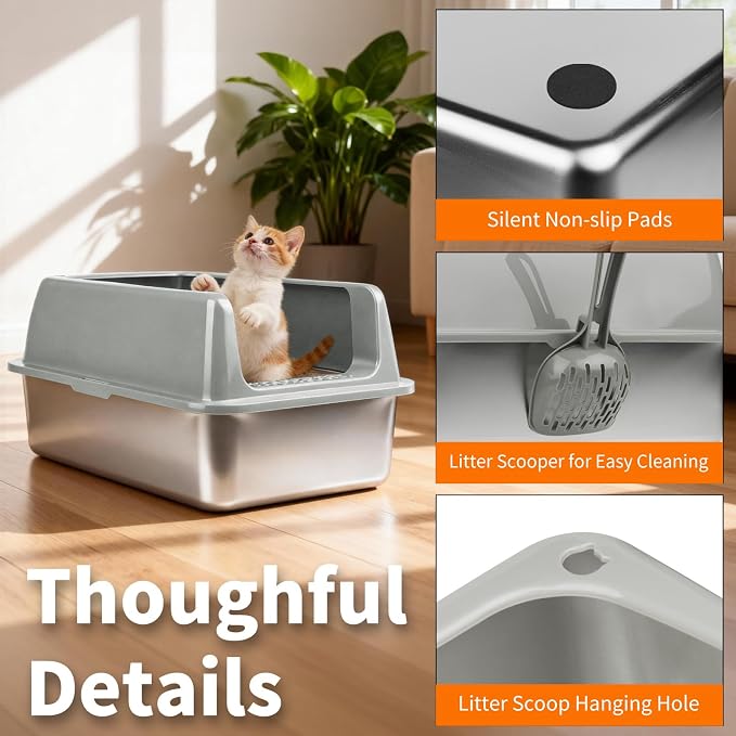 Kirecoo 2 Pack Medium Semi-Enclosed Stainless Steel Cat Litter Box with Lid | Scoop Included, Sturdy Metal Box, Anti-Leakage, Odor Free, Easy to Clean, For Cats Kittens & Bunnies, Multi-Cat Friendly