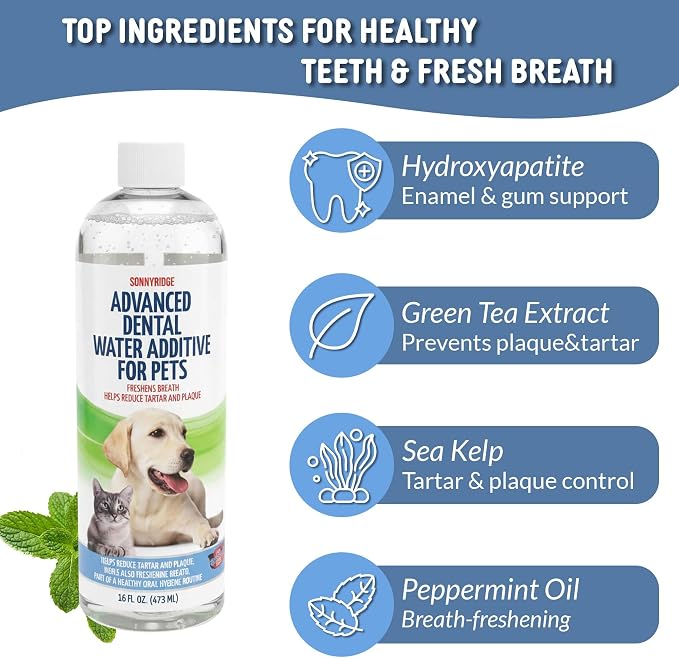 Premium Advanced Dog and cat Dental Water Additive – #1 Rated Fresh Breath & Plaque Fighter - Vet Recommended, Made in USA, 17 fl oz.