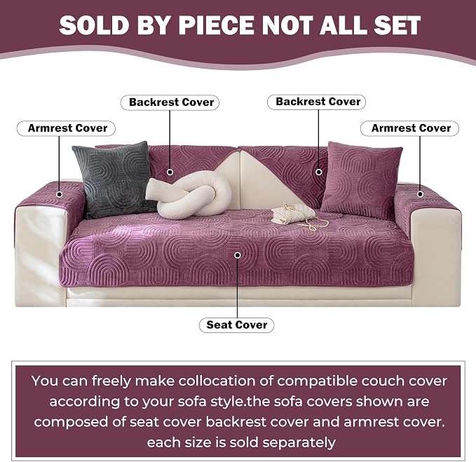 Soft Plush Geometric Quilted Couch Sofa Cover Boho Non Slip Fuzzy Sectional Couch Cover Solid Color Washable Sofa Slipcover Furniture Protector for Kids Dogs Cats (Purple,36"x82")