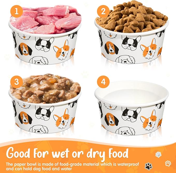 100 Pcs Disposable Dog Bowls 1.5 Cups Pets Disposable Feeding Bowls for Dogs and Cats Pets Paper Travel Cups for Small Medium Dogs Cats Puppy Kitten Dry or Wet Serving Food Water(Lovely)