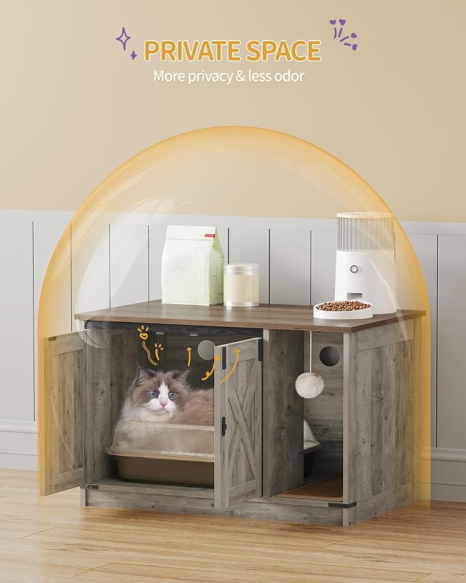 Hzuaneri Cat Litter Box Enclosure, Hidden Litter Box Cabinet Furniture | Indoor Cat House with Bell, Farmhouse Style, 31.5 x 19.7 x 20.9 Inches, for Hallway, Bedroom, Light Ivory and Brown CB82405X