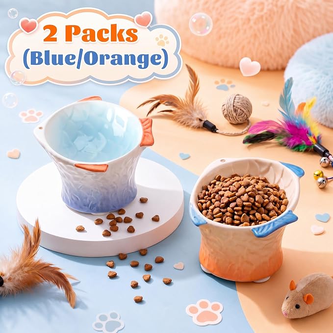 Tioncy 2 Pcs Raised Tilted Ceramic Cat Food Bowl Fish Shape Cute Elevated Slanted Shallow Angled Cat Dish Non Slip Feeder Bowl for Anti-Vomiting and Fatigue (Blue,Orange)