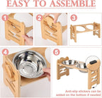 2 Set Elevated Dog Cat Bowls, 15 Tilted Raised Pet Bowl for Puppy and Cats Adjustable Dog Food Feeding Dishes Wood Stand Pet Feeder with Stainless Steel and Non Slip Feet