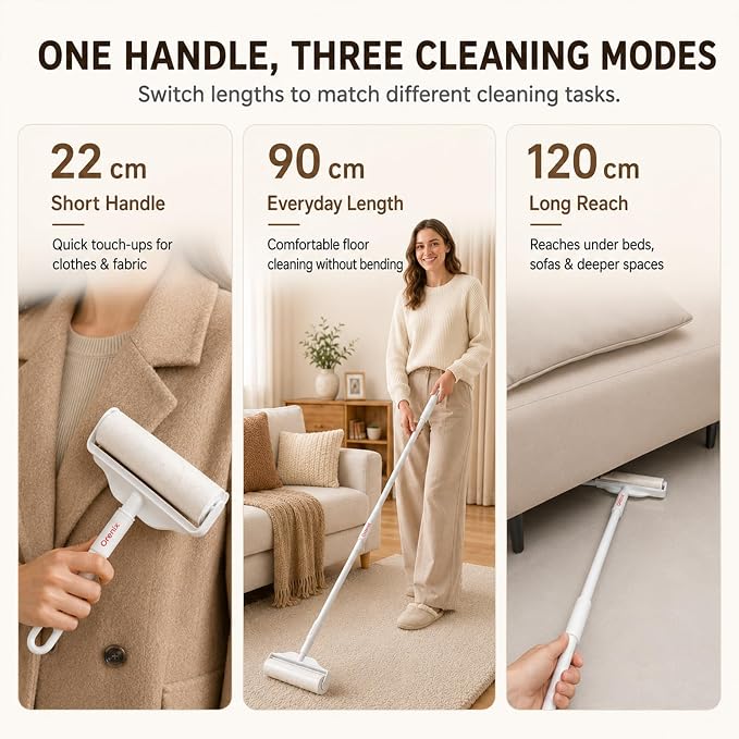 Large Lint Roller Pet Hair Remover, Long Handle Floor Roller, 6 Refills 600 Sheets | Switch from 8.7 in handheld control to 47.2 in reach for carpets, couches, cars, and narrow spaces under beds and sofas.