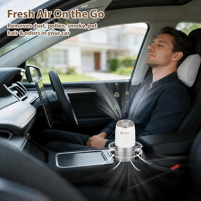Aucleia Mini Portable Air Purifier for Car Office Travel, White Gray | Compact Air Purifier With Aromatherapy Function, Usb Powered Mini Usb Air Purifier Removes Pet Odor, Smoke, Dust And Pollen