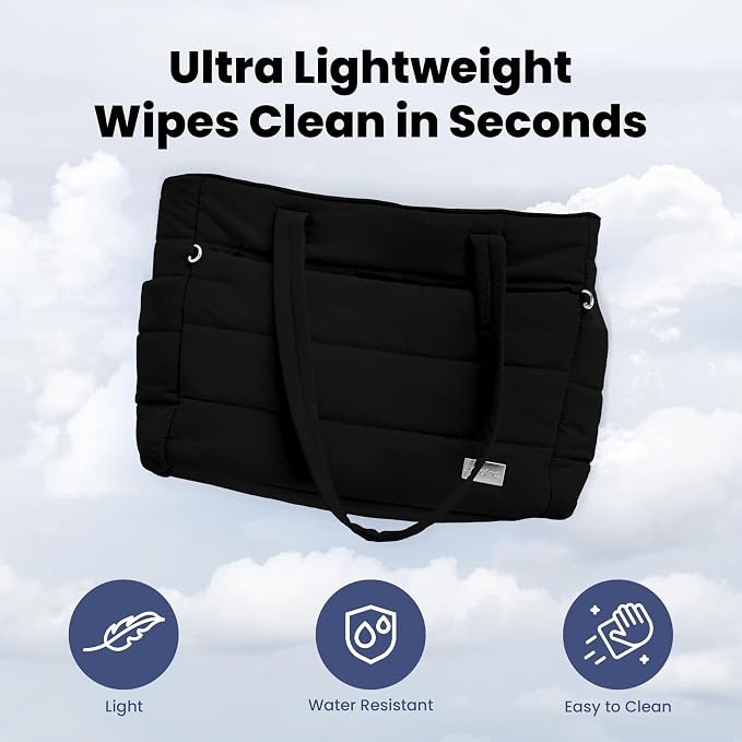 Rubyloo Puffer Dog Travel Bag for Dog Moms, Diaper Bag with Travel Bowls | 2 BPA-Free Collapsible Bowls, 2 Pet Food Containers, 9 Pockets, Everyday Puffer Bag Works With or Without Your Dog, Black