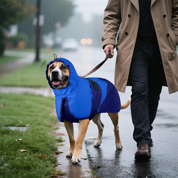 BRKURLEG Dog Raincoat, Waterproof Rain Jacket with Hood, Blue, L | Adjustable Windproof Rainproof Jacket with Leash Hole, Reflective Breathable Rain Coat Poncho, for Small to Large Dogs