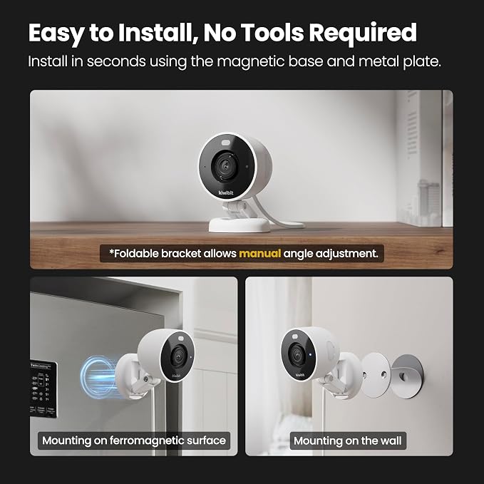 Kiwibit 2K Security Camera Indoor/Outdoor, Pet Camera, Baby Monitor, Magnetic Mount, AI Detection, Color Night Vision, SD & Cloud Storage, Compatible with Alexa, 10FT Extra-Long Cable