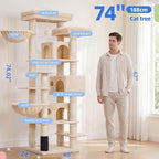Hey-brother Cat Tree, 74 inches Multi-Level XL Large Cat Tower for Indoor Cats with Three Cat Condos, Two Large Top Decks and Cat Hairbrushfor Kittens, Cats and Pets, Beige MPJ035-MM