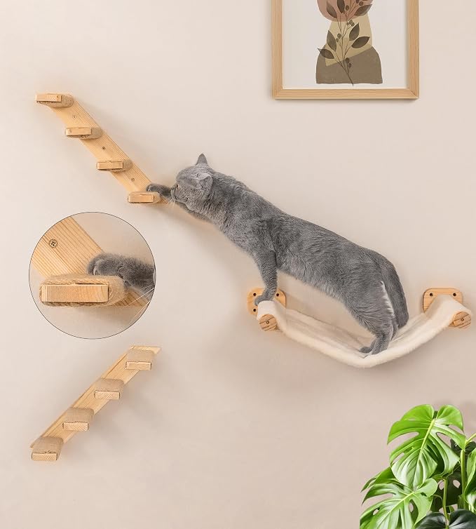 Cat Wall Hammock Set of 4, Floating Fabric Hammock, 2 Ladders, Flat Shelf | Reversible Hammock, Two Four-Step Ladders, Wall Flat Shelf, Space Saving,Wall Mounted Cat Bed Furniture, Indoor Playground