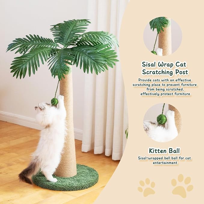 43.3inch Palm Tree Shape Style Sisal Cat Tree Scratching Post Cats, Wear Resistant Cat Claw Scratcher with Plush Stable Base & Hanging Toy Ball, Green
