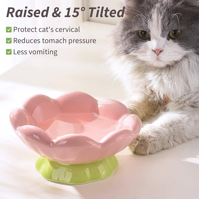 Cute Flower Ceramic Elevated Shallow Cat Bowl for Food & Water | wide and tilted design, whisker-friendly, stable base, dishwasher & microwave safe