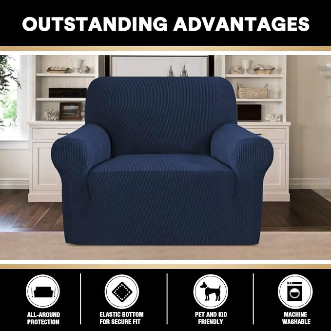 Stretch Chair Cover Chair Slipcovers with Arms 1-Piece Chair Sofa Slipcovers or Living Room Non Slip Armchair Cover Furniture Protector Dogs Pet Friendly(Armchair,Navy)