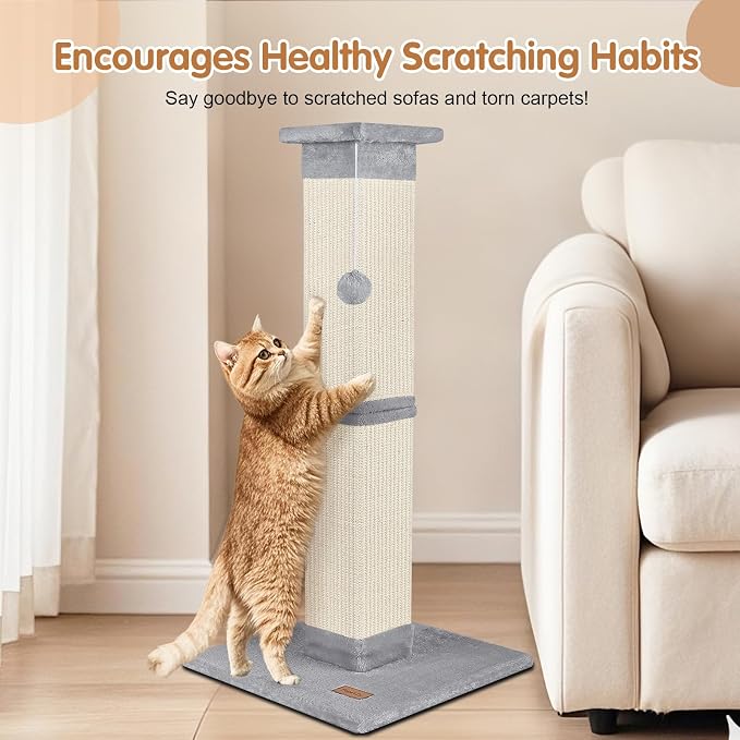 Cat Scratching Post 33 inch for Indoor Cats, High Cat Scratch Post Grey, Cat Tree for Full-Body Stretching, Protect Your Furniture