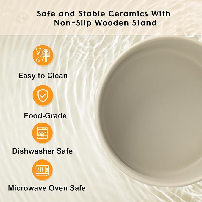 SPUNKYJUNKY Ceramic Elevated Dog Bowls 2 Pack - 5.1inch Raised Dog Bowls with Non-Slip Wooden Stand for Small Dogs Dishwasher Safe(Grey,13.5OZ*2)