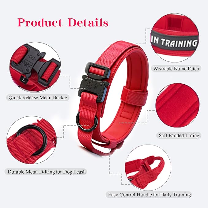 Tactical Dog Collar for Large Dogs with Control Handle,Red,XL | 1000D Heavy-Duty Nylon Fabric,Quick-Release Metal Buckle,Adjustable Fit,Soft-Padded Webbing,D-Ring,for Training & Hiking
