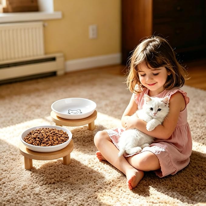 6 Inch Shallow Ceramic Elevated Cat Bowl, Whisker-Friendly Raised Flat Cat Food Plate Feeding Station with Bamboo Stand for Indoor Cats and Kittens (Single, 1.8" Stand, White)