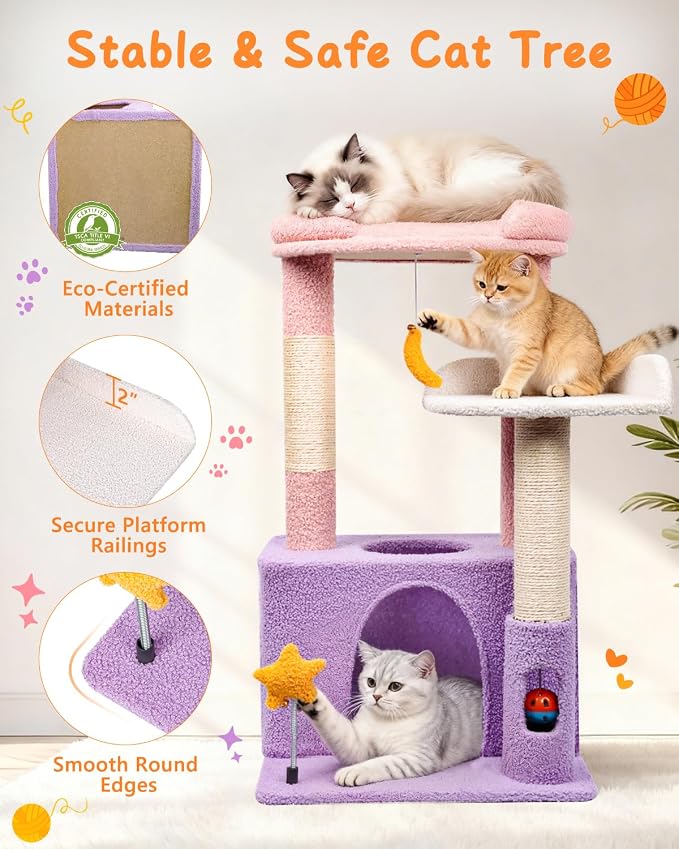 Small Cat Tree, Compact 30" Cat Tower for Indoor Kittens | Plush Finish, Cozy Condo, Soft Top Perch, Sisal Scratching Post, Dangling Ball Toy, Anti-Tip Base, for Cats up to 15 lbs
