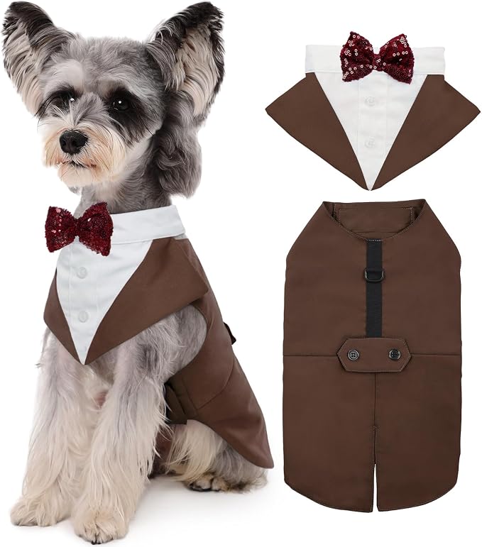 Kuoser Dog Tuxedo, Dog Suit and Bandana Set, Dogs Costume with D-Ring | Formal Dog Outfit with Detachable Bowtie Collar for Wedding, Birthday, Party, Christmas, Halloween, Brown S
