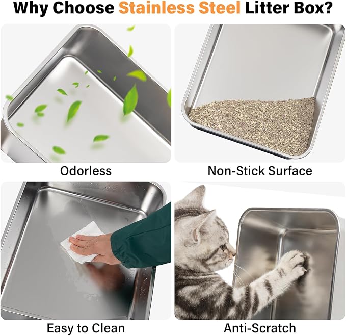 Stainless Steel Cat Litter Box for Kittens, Low Entry Kitten Litter Box | Small Metal Litter Box, Includes Scoop and Mat, High Sided, Non-Sticky, Anti-Urine Leakage, Easy Cleaning