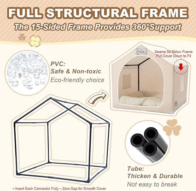 Jiupety Indoor Dog House with Frame, Cute Dog Tent Bed with Cover Cave, Breathable, Washable, and Foldable House, Suitable for 22-40 Lb, Large (25"×25"×25"), Beige