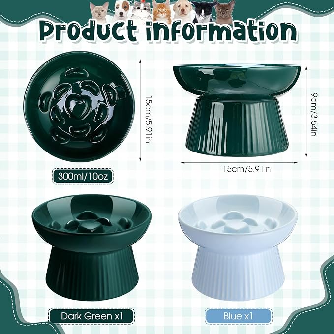 Tioncy 2 Pcs Ceramic Elevated Slow Feeder Cat Bowl, Raised Cat Slow Feeder Bowl, Anti Vomiting for Dry and Wet Food, No Spill High Edge Easy Clean Dishwasher Safe (Dark Green,Blue)