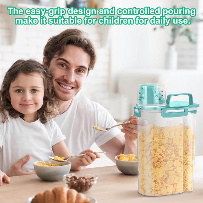 TBMax Rice Container Cereal Storage Container 2 Pack 5 Lbs, Kitchen Pantry Dry Food Storage Holder with Easy-Pouring Spout & Handy Cup, Small Pet Dog Cat Food Dispenser for Daily Feeding -Cyan