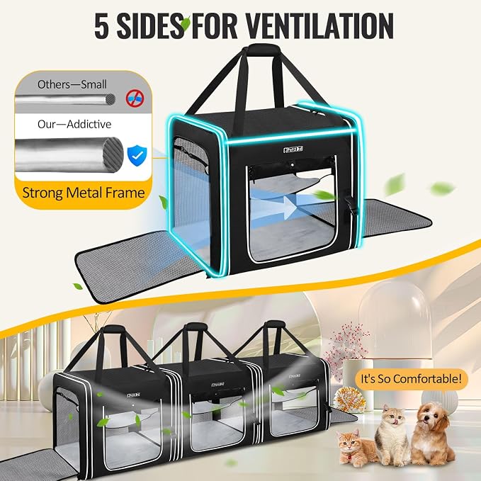 Petskd Combinable Pet Car Travel Carrier for a Large Cat/Medium Dog | 18"Lx17"Wx17"H, Small Pet Soft Carriers, Food Bag & Bowl Included, Lockable Safety Zippers, For Car Travel, Vet, Camping