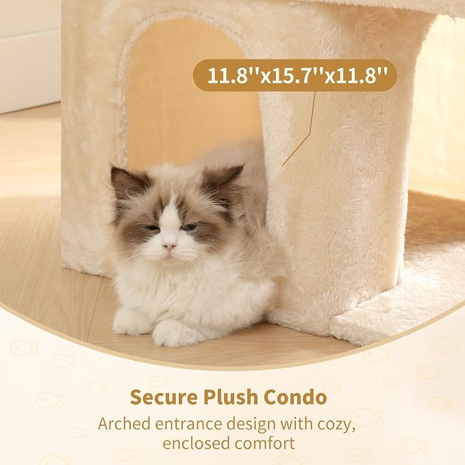 Heybly Cat Tree, 14" Cat Tower with Large Cat Bed & Condo HCT203SM | Cat Furniture for Indoor Cats Large Adult, Cat House with Scratching Posts and Spring Balls for Kittens, Beige