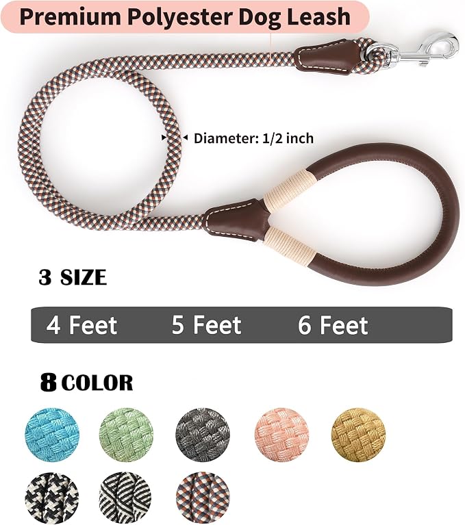 Mile High Life Dog Leash with Genuine Leather Handle, 4/5/6 FT | Comfortable Leather Grip Rope Leash, Heavy Duty 360° Swivel Metal Clasp, for Small Medium & Large Dogs (Brown Plaid, 60 Inch)