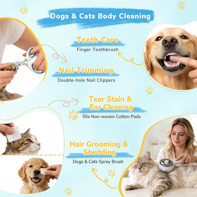 10Pcs Mist Spray Brush Kit for Cats & Dogs, Hair Health & Grooming Set | 100ml Waterless Shampoo, Cat Scratcher w/ Catnip, Nail Clippers, Toothbrush, Comb, Eye Ear Paw Dry Wipes & Gloves, Gift-Set