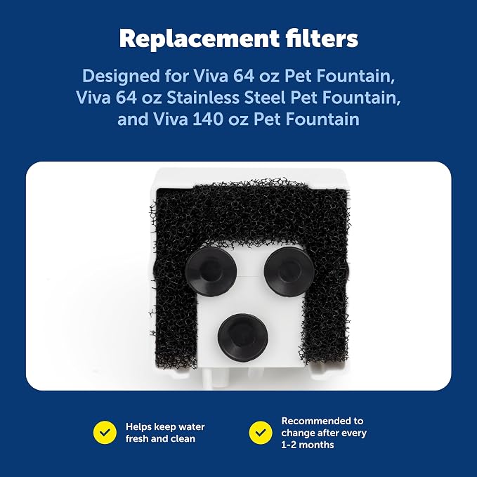 PetSafe Viva Foam Filters, Fits 64 oz & 140 oz Pet Fountains, 2-Pack | Fits 64 oz & 140 oz Viva Fountains, Removes Debris/Hair, Protects Pump, Replace Every 1-2 Months