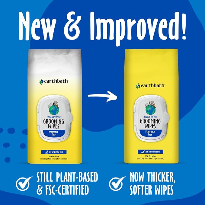 earthbath Hypo-Allergenic Grooming Wipes, Made in USA, 100 Count (2 Pack) | Fragrance Free Dog Wipes for Paws and Butt